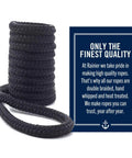 Four Pack Six Foot Dock Lines With Five Inch Loops Premium Three Eighths Inch Double Braided Nylon Mooring Rope For Boating Black Fender Lines By Coiled on White Background with Quality Text