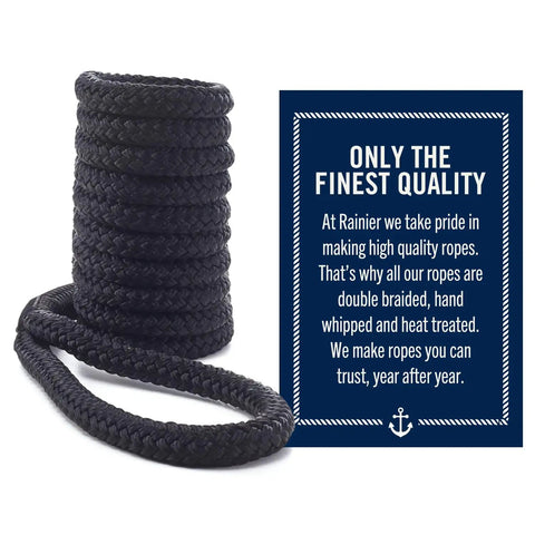 Four Pack Six Foot Dock Lines With Five Inch Loops Premium Three Eighths Inch Double Braided Nylon Mooring Rope For Boating Black Fender Lines By Coiled on White Background with Quality Text