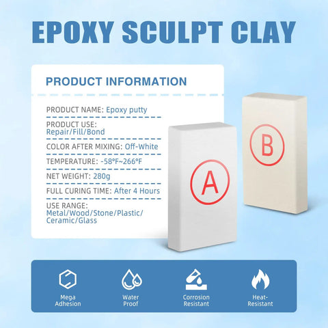 Epoxy Putty 10 Oz 280 G Fast Fix That Bonds Fills Leaks Cracks Holes In Metal Wood Tile Ceramic Plastic Plus It Doubles As Sculpting Clay For Bonding Repair And Shaping White, product packaging and information displayed.