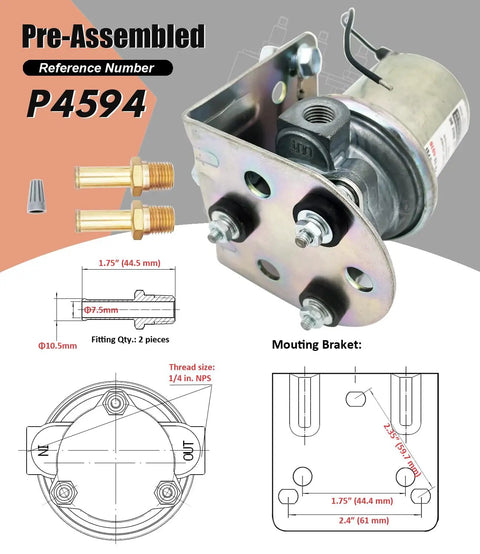 12V Electric Fuel Pump Replacement With 6-8 Psi Output Universal Rotary Vane Design Preassembled Metal Bracket For Quick Plug And Play Install Secure Wiring Posts For Automotive Use Quiet Operation And Reliable Performance, shown with mounting brackets and dimensions.