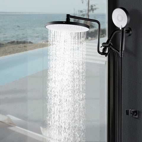 High Pressure Rainfall Shower Head With Handheld Combo Kit 12 Inch Extension Arm Matte Black White Panel by seaside