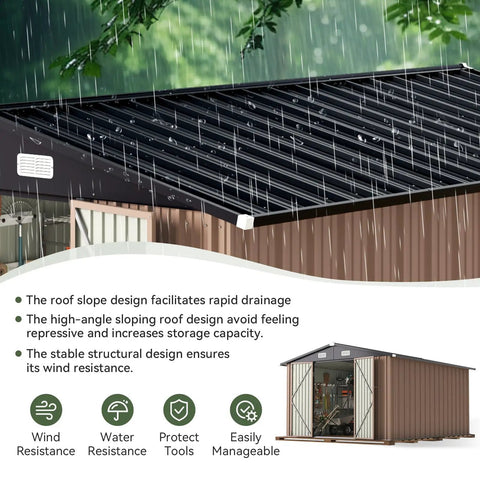 10x12 Foot Outdoor Metal Storage Shed With Double Hinged Door And Lockable Access Sloped Roof Weatherproof Backyard Garden