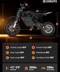 Side view of Electric Dirt Bike for Teens and Adults with 3500W Peak Power, black frame, mid drive motor, showing dimensions.