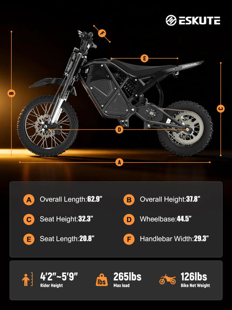 Side view of Electric Dirt Bike for Teens and Adults with 3500W Peak Power, black frame, mid drive motor, showing dimensions.