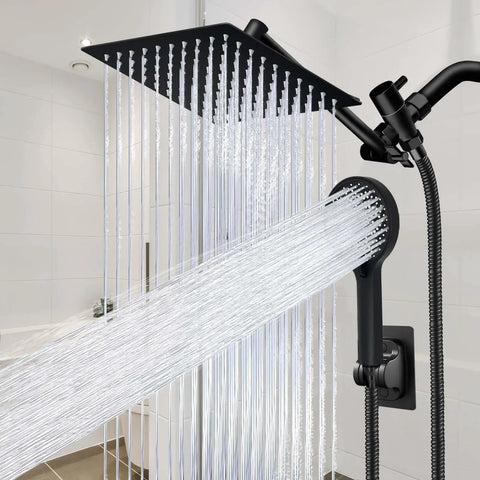 8 Inch Square Rain Shower Head With Handheld Spray Combo And Adjustable Extension Arm Three Way Flow Regulator High Pressure Hose Matte Black