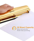 Gold 3 Hole Punch For 12 Sheets Durable Metal Office Punch With Stable Rubber Base in use punching paper