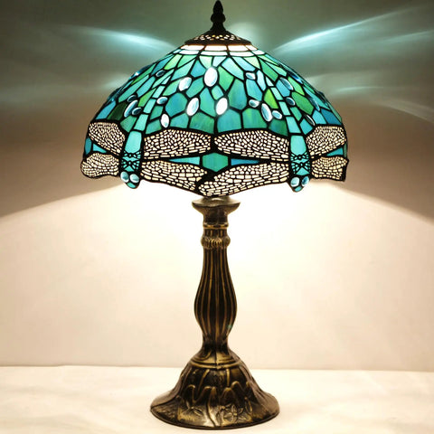 Tiffany Style Stained Glass Dragonfly Table Lamp With Green And Blue Shade, Perfect Reading Light, Antique Bronze Base, S622 Series