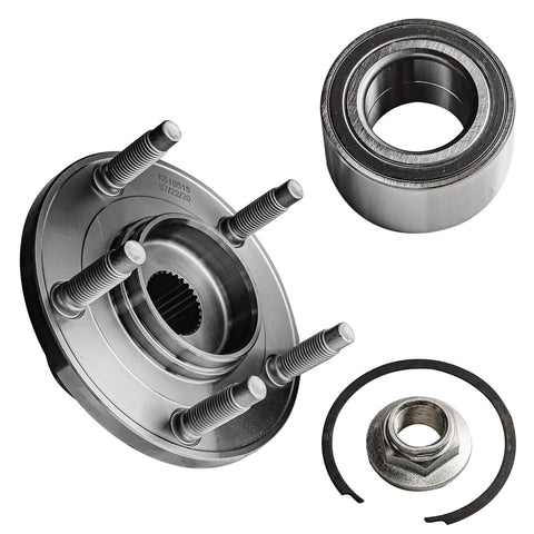 2 Front Wheel Bearing Hub Assemblies Kit For Ford Escape 2001 To 2012 Mazda Tribute 2001 To 2011 Mercury Mariner 2005 To 2011 With 5 Lug Hubs OEM Grade Replacement No Sweat Easy Install Front Wheel Bearings, including metal hub and bearing ring.