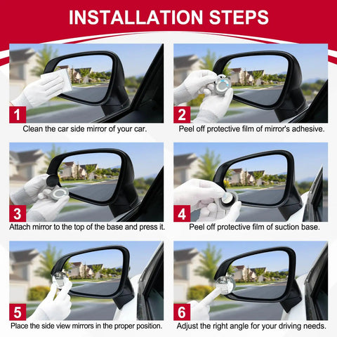 Installation steps for Two Pack 2 Inch Round Blind Spot Mirrors With Frameless Convex Glass Wide Angle Adjustable Mounts 360 Degree Swivel Easy Install For Cars SUVs And Trucks Enhances Rear View And Parking Confidence.