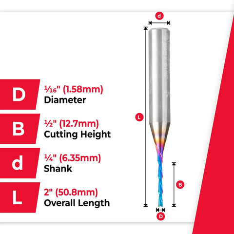 Solid Carbide Spektra Spiral Plunge Router Bit Down Cut For Precision Plunges Built Tough With Extreme Tool Life 2 Inch Length 1/16 Inch Diameter 1/2 Inch Cutting Height 1/4 Inch Shank Made In USA 46403-K dimensions