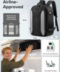 TSA Friendly Carry On Travel Backpack for Men and Women With 180 Degree Full Opening Waterproof Pocket shown fitted in overhead bin.