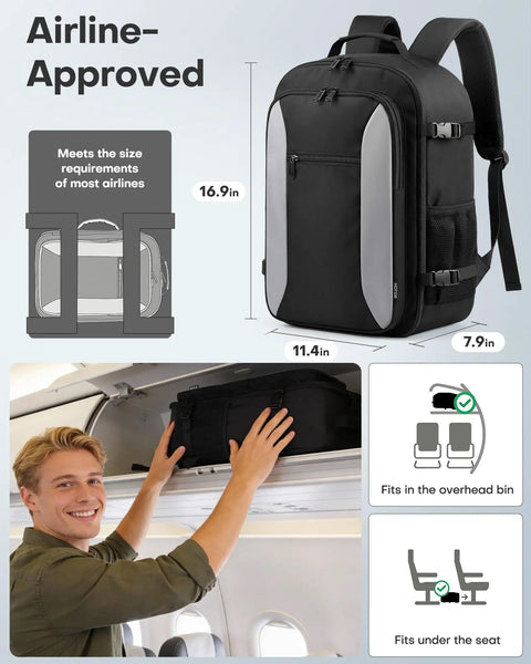 TSA Friendly Carry On Travel Backpack for Men and Women With 180 Degree Full Opening Waterproof Pocket shown fitted in overhead bin.