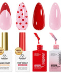 Dusky Rose Gel Nail Polish Set With Pink And Red Shades, HEMA Free Base Coat And Top Coat, bottles and nail designs shown