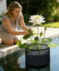 Woman tending lily in small pond plant baskets with breathable aquatic plant bags, promoting easy planting in home pond.