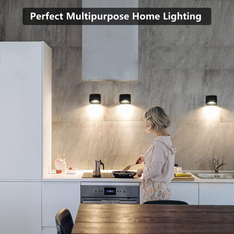 Kitchen with black cordless LED wall lamps illuminating counters, showcasing Cordless Led Wall Lamp For Bedroom With Touch Control Battery Operated Night Light Three Color Temperatures And Three Brightness Levels 360 Degree Rotatable Magnetic Rechargeable Reading Light For Bedroom And Living Room.