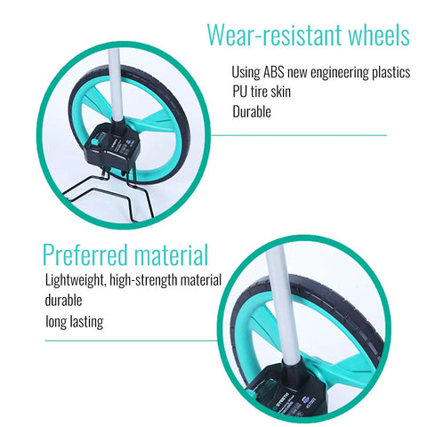 Close-up of Heavy Duty Large Road Construction Measuring Wheel With Mechanical Counter and Telescopic Handle, showing ABS wheels.