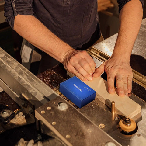 15 Piece Inch Setup Blocks Precision Height Gauge Set With Carpenter Pencil And Sharpener Shop Tough Woodworking Bench Kit being used on a wooden piece.