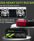 Built Different Heavy Hitter 450A 48V DC Bus Bar Terminal Block 2 Pack M10 Studs showing busbars and packaging on display.