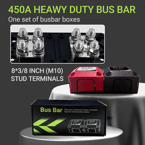 Built Different Heavy Hitter 450A 48V DC Bus Bar Terminal Block 2 Pack M10 Studs showing busbars and packaging on display.
