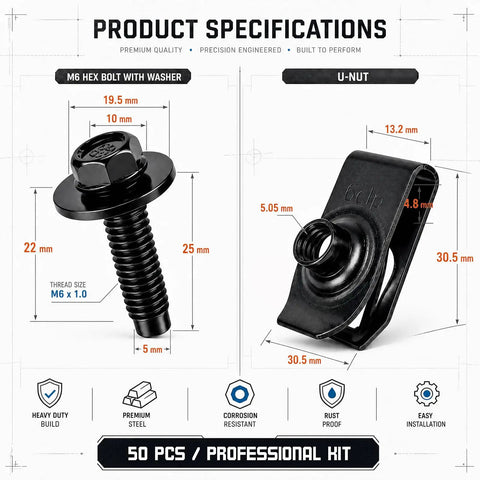 M6 hex bolt with washer and u-nut specifications for Shop Tough 100 Piece Auto Bolt And U Nut Kit.