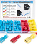 Front view of Ftimda 90 PCS insulated nylon spade connector kit in a clear storage box; blue, red, yellow female terminals.