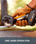Gloved hand using 20V Cordless Mini Cutter 3 Inch Compact Angle Grinder Tool With 2 Cutting Discs 2.0Ah Battery And Charger Included