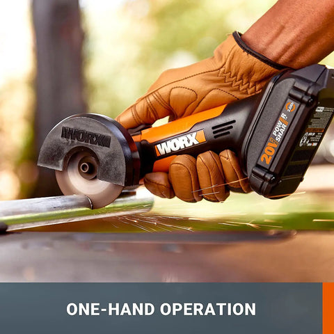 Gloved hand using 20V Cordless Mini Cutter 3 Inch Compact Angle Grinder Tool With 2 Cutting Discs 2.0Ah Battery And Charger Included