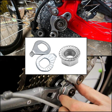 12 Piece Bike Wheel Axle Nuts and Safety Washers Kit shown in use on bicycle wheel hub with close-up of parts detail