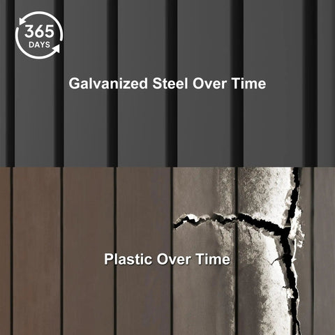Comparison of galvanized steel and plastic materials over one year, showing steel's durability and plastic's deterioration.