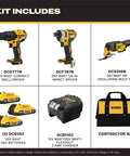 Kick-Ass 20V Max Brushless Cordless 3-Tool Combo Kit Featuring Half Inch Drill Driver, Quarter Inch Impact Driver, Oscillating Multi Tool With Three Durable Batteries And Turbo Charger For Home Improvement And Handyman Household Projects displayed with tools and accessories.