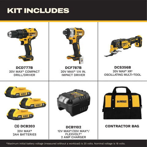 Kick-Ass 20V Max Brushless Cordless 3-Tool Combo Kit Featuring Half Inch Drill Driver, Quarter Inch Impact Driver, Oscillating Multi Tool With Three Durable Batteries And Turbo Charger For Home Improvement And Handyman Household Projects displayed with tools and accessories.