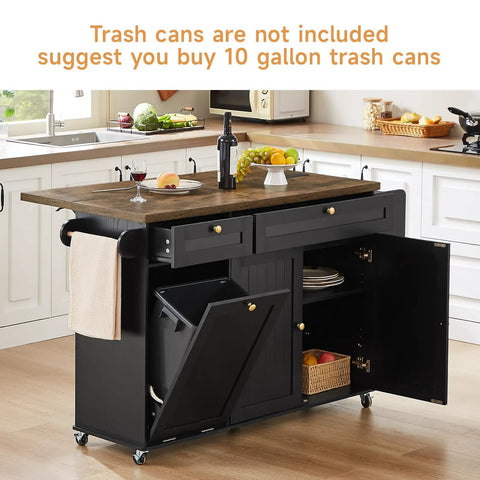 60 Inch Kitchen Island With Power Outlet And Drop Leaf, black cart with open trash storage, towel and spice rack in kitchen setting