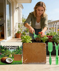 Woman gardening with Natural Fiber Compressed Mulch For Indoor And Outdoor Gardens, PH Balanced Potting Soil displayed nearby