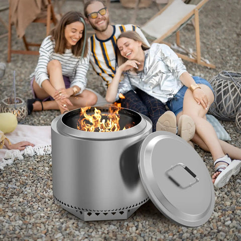 Stainless Steel Fire Pit Lid For Solo Stove Bonfire 19.5 Inch 304 Stainless Steel With Hot Safe Handle next to a lit fire pit outdoors
