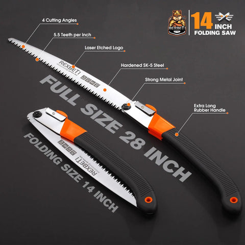 Folding Saw For Backpacking And Camping With A 14 Inch Blade, SK5 Steel Teeth, 4 Cutting Angles, Lightweight Design, Full and Folded View