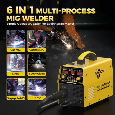 Dual Voltage 200A MIG Welder Six In One Multi Process Beast shown with LED display and welding modes, ideal for DIY projects.