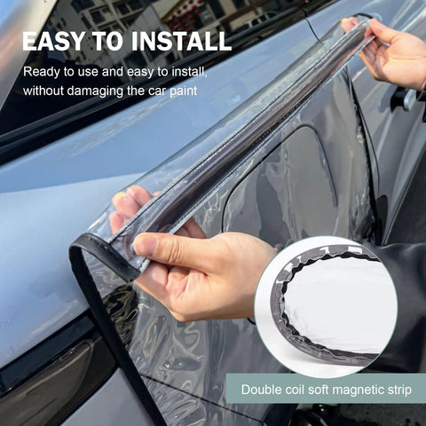 Hands installing the Tough As Nails Magnetic EV Charger Port Cover With Crisp Clear View Window on a vehicle.