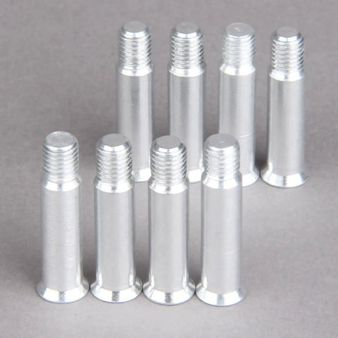 Eight Pack Inline Skate Axle Screws For Wheel Fastening, Heavy Duty Steel Replacements For Inline Skates, 0.31 Inch 8mm Bolts For Female Axle Holes, Silver Repair Kit For Skating Shoes, Pro Grade, shown in a vertical arrangement on a gray background.
