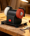 Powerful Compact Bench Grinder With Dual Fine And Coarse Wheels A Slick Counter Mount Setup For Daily Diy Woodwork Sharpening and Zero Hiccup Shop Completions on workbench.