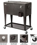 80 Quart Rolling Ice Chest On Wheels Portable Patio Party Bar Drink Cooler Cart with wicker design and bottle opener