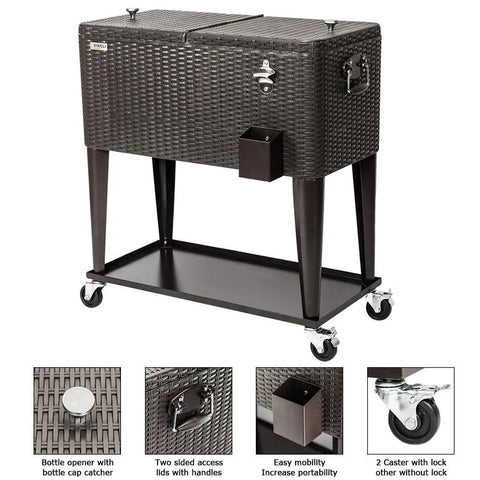 80 Quart Rolling Ice Chest On Wheels Portable Patio Party Bar Drink Cooler Cart with wicker design and bottle opener