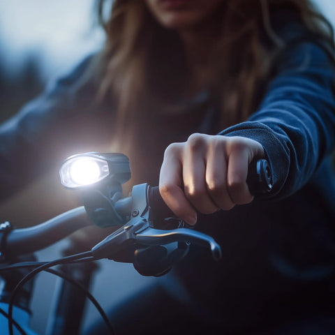 Cyclist with Two Pack 1500LM USB Rechargeable Bike Lights Set Front Headlight And Tail Light Waterproof With 5 Modes Fits Road And Mountain Bikes