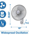 Commercial Grade Oscillating 16 Inch Wall Mount Fan With 17100 CFM Airflow For Workshops Gyms Stores Classrooms And Offices Beefy Heavy Duty Adjustable Oscillation Easy Mounting 9016 Model, fan dimensions and specifications
