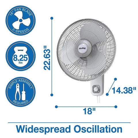 Commercial Grade Oscillating 16 Inch Wall Mount Fan With 17100 CFM Airflow For Workshops Gyms Stores Classrooms And Offices Beefy Heavy Duty Adjustable Oscillation Easy Mounting 9016 Model, fan dimensions and specifications