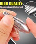 Close-up of a person's hand holding a 1 oz lead drop shot sinker from the Drop Shot Fishing Weights Kit 10 Pieces 1oz Lead Sinkers For Freshwater And Saltwater Bass Casting Removable Weights Streamlined Sinker Set For Fast Sinking Tight Line Control And Bait Presentation.