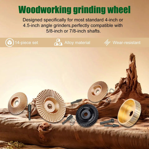 14 Piece Wood Carving Discs Set For 4 Inch And 4.5 Inch Angle Grinders With Rotary Burrs And Five Eighths Inch Adapters, Includes Seven Eighths Inch Shaft Options on wood surface