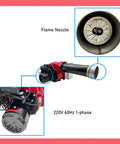 Heavy Duty Waste Oil Heater Furnace Burner With Air Atomizing Tech And Quick Temperature Tweaks For Running Smooth On Vegetable Fuel At 220 Volts Zero Trouble Setup, showing flame nozzle and motor components.