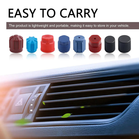 8 colorful AC valve caps from 26Pcs R12 R134a AC Caps For Car 10 Sizes Kit displayed above a car dashboard vent.