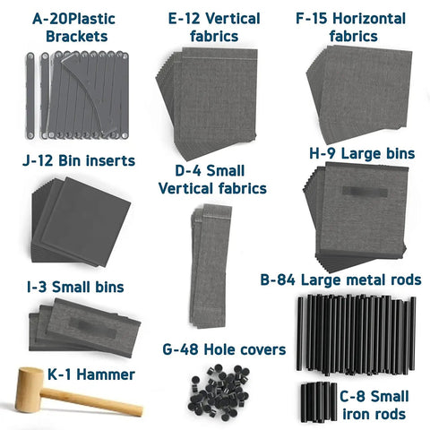Components of 12 Cube Storage Organizer Set With Fabric Cubes And Steel Frame including bins, rods, and hammer