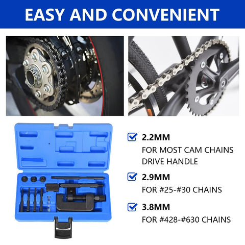 Thsakzo 13-piece motorcycle chain breaker kit in blue case with drive handle and adapters